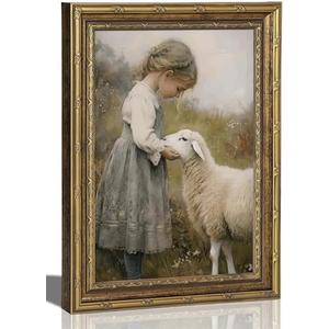 Gold Framed Vintage Aesthetic Girl With Sheep Wall Art Rustic Farmhouse Print Poster Artwork Sheep Cottagecore Wall Decor for Living Room Bedroom Bathroom Decoration 12x16in