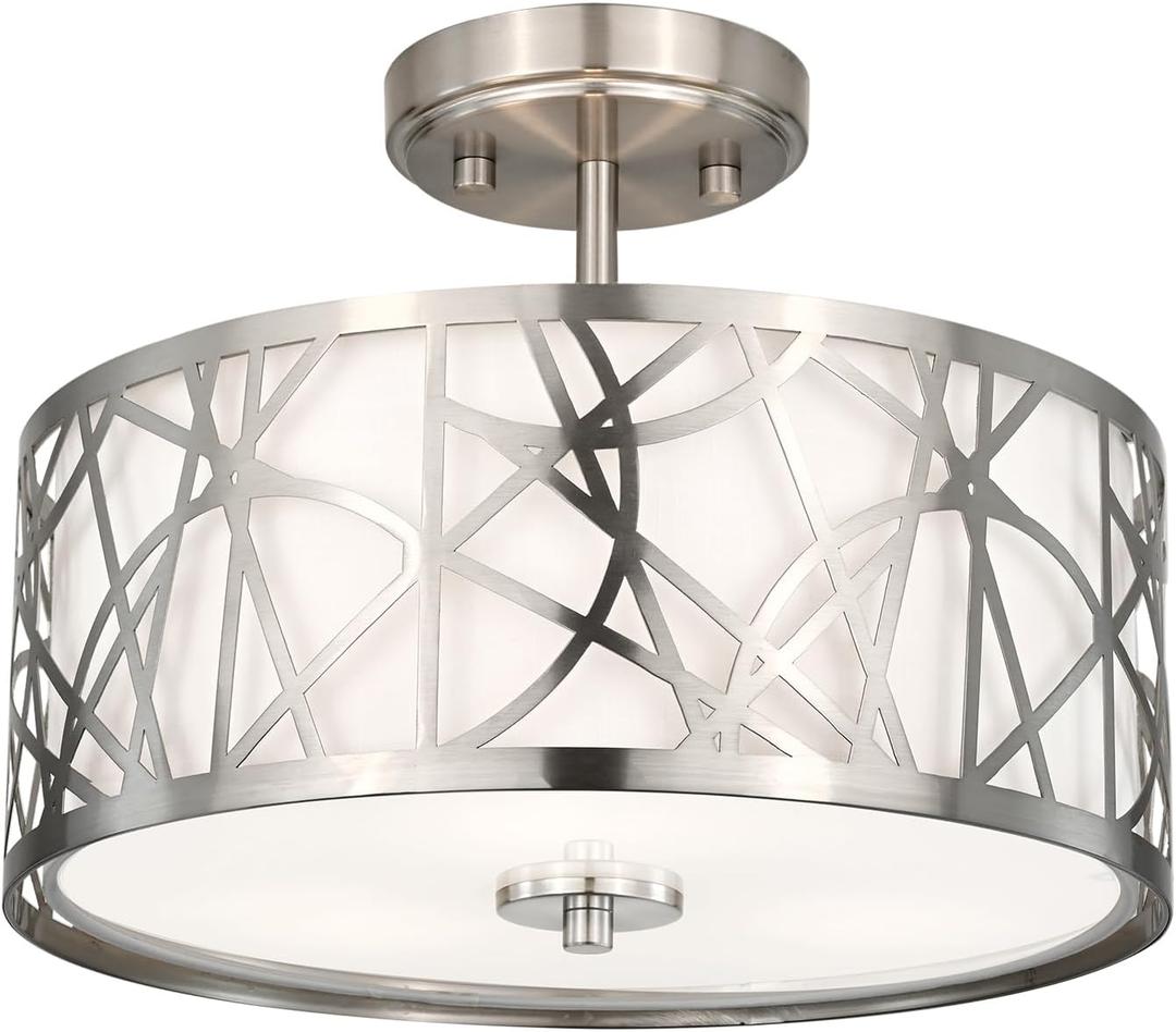 3-Light Semi Flush Mount Ceiling Light, 12.6" Drum Light with White Fabric Shade, Modern Close to Ceiling Lamp for Living Room Bedroom Dining Kitchen Hallway Entry Foyer (Brushed Nickel)