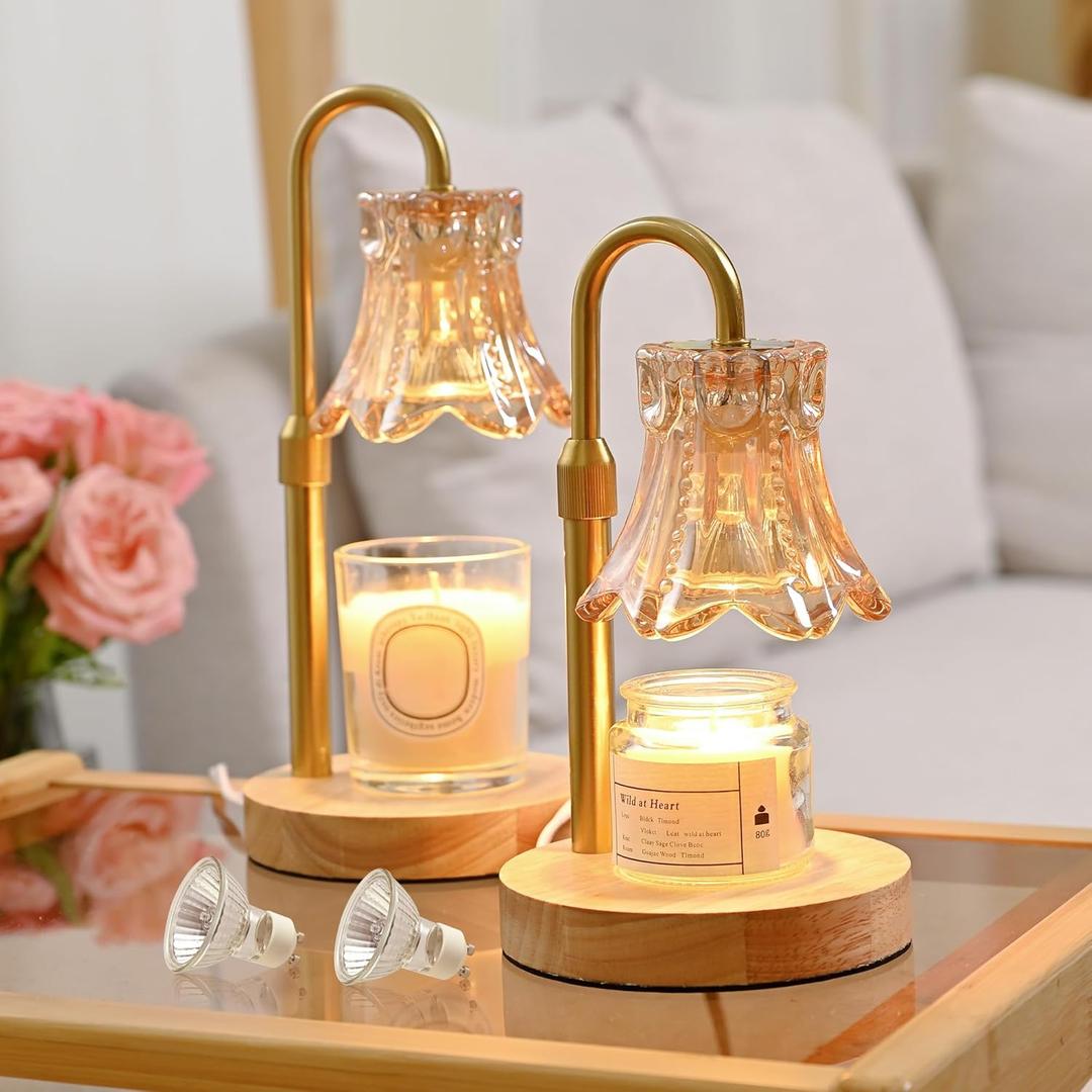 JACKYLED Candle Warmer Lamps 2-Pack, Height Adjustable Fragrance Candle Warming Lamps with 4 Bulbs 35W, 2H/4H/8H Timer and 4-Level Dimmer, Wax Warmer Heater Lamp for Home Decor, Housewarming Gift (Rubberwood)