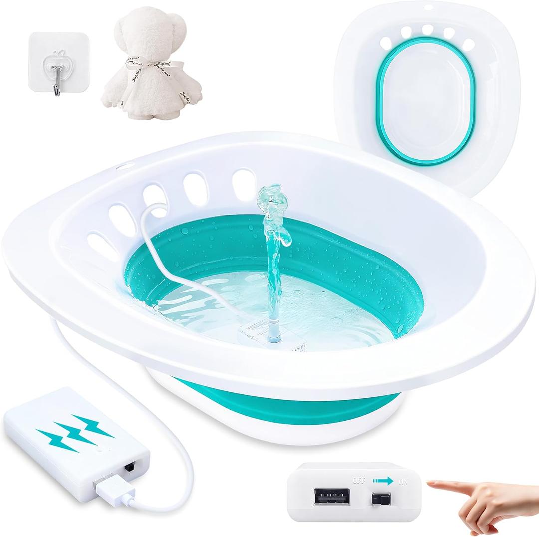 Electric Sitz Bath, Sitz Bath for Hemorrhoids, Sitz Bath for Toilet Seat, Sitz Bath for Postpartum Care, Sits Bath Kit for Women, Automatic Flushing, Foldable, Fits Universal Toilet