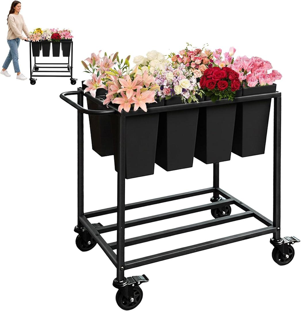 Flower Display Stand, Flower Cart with 8 Buckets, Flower Cart Display Stand with Wheels, Bloom Bar,Flowers Stand for Wedding and Party Decor, Black