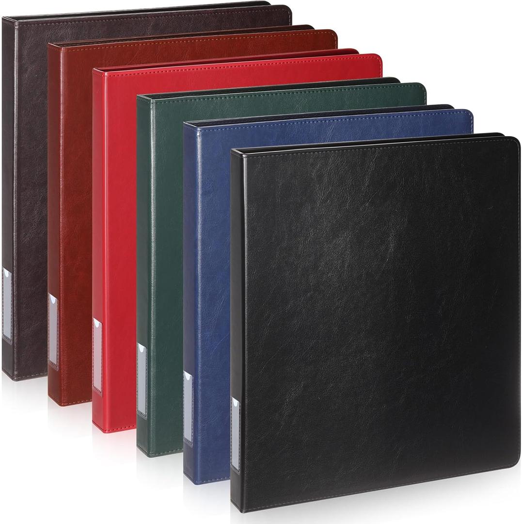 Fulmoon 6 Pcs Leather 3 Ring Binder, 1 Inch Vintage Hardback Round Ring Binder with 2 Inner Pockets & Spine Label Holder, Letter Size Professional Executive Portfolio for Office Home School(Classic)
