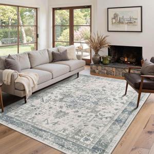 Rugxara Washable Area Rug for Living Room, Neutral Vintage Boho Rugs for Office, Dining Room, Kids Room, Farmhouse, Durable Low Pile Non Slip Carpet for High Traffic Areas, Light Blue Grey(4x6 ft)