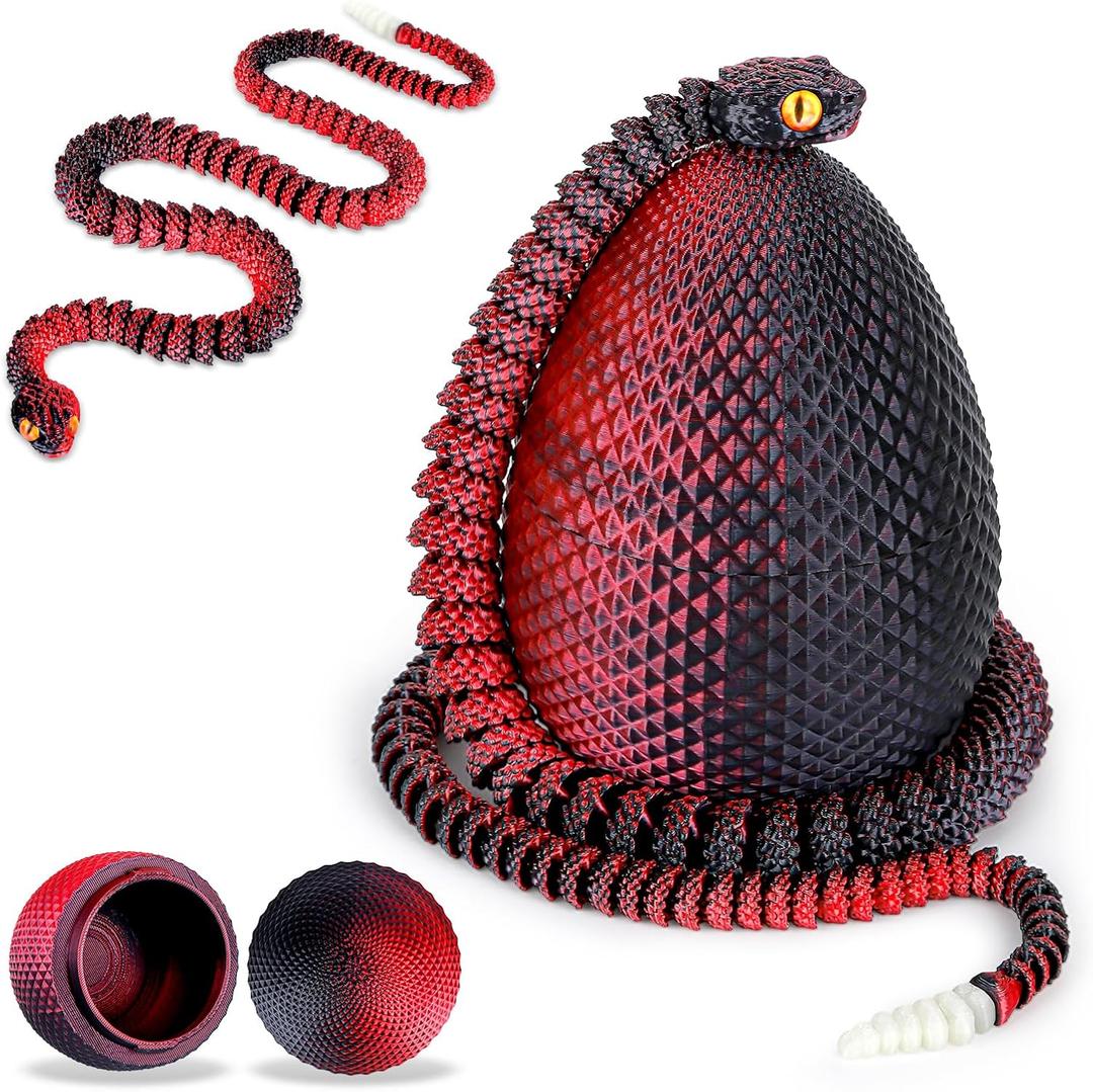 3D Printed Snake Eggs with Snake Inside,3D Printed Snake,3D Printed Animals,23.22 Inch Crystal Snake Fidget Toys,Articulated 3D Snake with 3D Snake Eggs Black Red