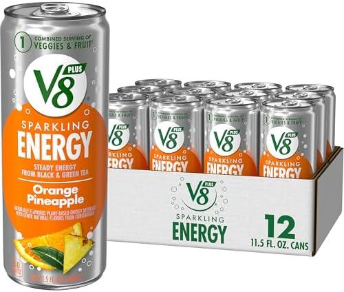 V8 +Energy Sparkling Orange Pineapple Juice Energy Drink, 11.5 fl oz Can (12 Pack), Best By: 06/06/2025