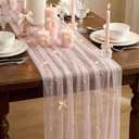 Pink Pearl Table Runner 30 x 120 Inch White Bow Tulle Lace Table Runner Gauze Sheer Coquette Boho Wedding Centerpiece Decor for Baby Shower Bridal Party Wedding Arch Veil Birthday Decor