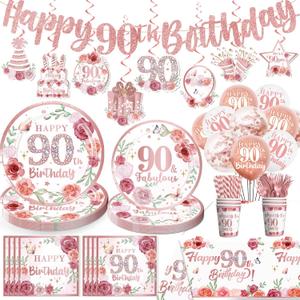 175pcs 90th Birthday Decorations Tableware Set for Women, Ninety Birthday Decorations with 90th Birthday Plates and Napkins Set, Rose Gold 90th Banner Hanging Swirls Tablecloth Balloon, Serves 25