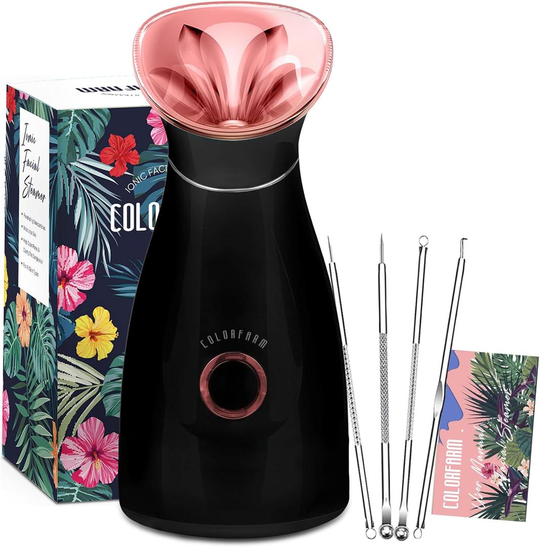 Colorfarm Facial Steamer Nano Ionic: Face Steamer Deep Cleaning Unclogs Pores - Humidifier Warm Hot Mist Home Sauna Spa for Women Men Sinuses Moisturizing (5 Piece set, Black Rose Gold)