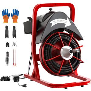 Drain Cleaner Machine 75FT x 1/2 Inch Steel Core Cable Portable 370W Electric Drain Cleaning Machine With Sewer Auger, Cutter, Air-activated Foot Switch, for Commercial, Home