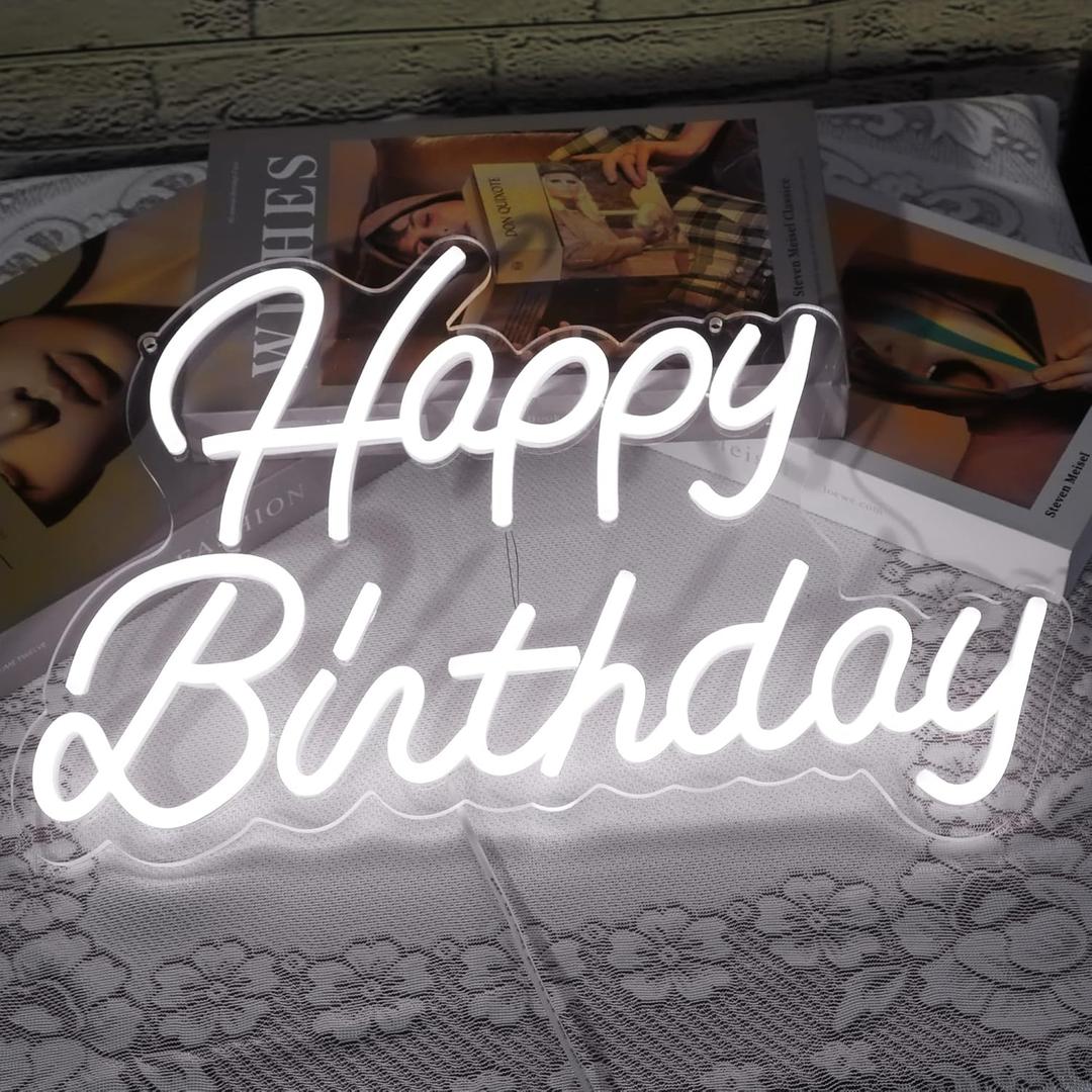 Neon Happy Birthday Sign Wall Decoration Lights Wedding Bar Cafe Christmas Home Party Decoration Kids Gift with Dimmable Switch Reusable Happy Birthday LED Neon USB 16.5x10 Inch (White)