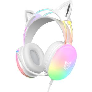 Cat Ear Gaming Headset with Mic, RGB Rainbow Lighting, Surround Sound, 3.5mm Wired Over-Ear Headphones for PC/Switch/Laptop, Lightweight and Adjustable Headband