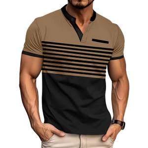 Mens T-Shirts Short Sleeve Button Casual Stylish Basic Tees Work Striped Shirts Henley Summer Lightweight Stretch Top (XXL)