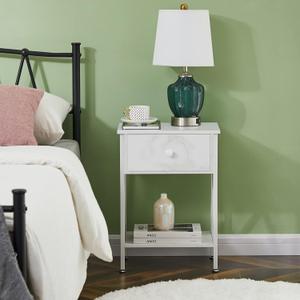 VECELO Nightstands Set of 1, Modern Bedside End Tables, Night Stands with Drawer and Storage Shelf for Living Room Bedroom, Industrial Metal Frame (White)