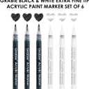 Grabie Black & White Extra Fine Tip Acrylic Paint Marker Set, 6 Pack, 0.7mm Acrylic Paint Pens for Highlights and Fine Details on Drawings, Rock Painting Glass Canvas Wood, White Highlight Markers