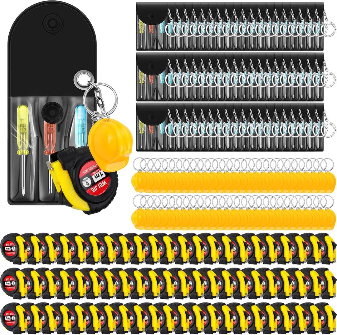 Jutom 9 Pcs Mini Construction Helmet Keychains Tape Measure Screwdriver Bulk Valentine's Day Gifts for Men Adult Tool Party Gifts