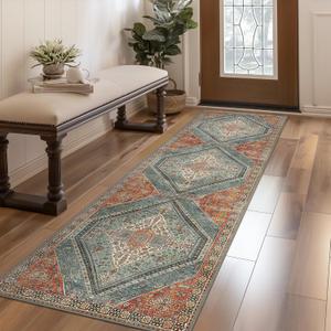 Bavni Kitchen Rug 2x5 Runner Rugs for Hallways Entryway, Washable Vintage Print Carpet, Ultra-Thin Chenille Low Pile Lightweight Rug with Non Slip Backing, Light Red/Blue