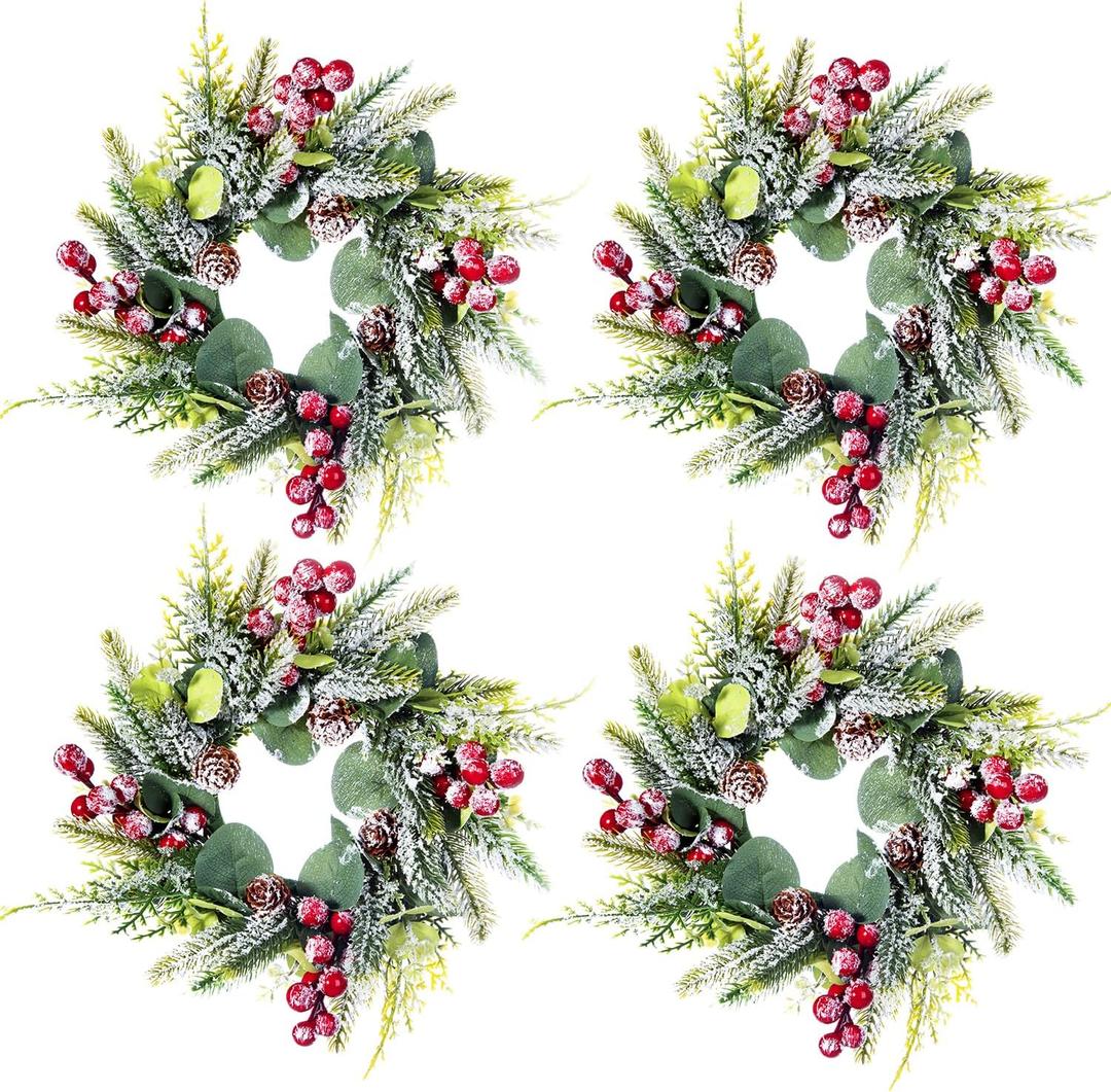 4 Pcs Christmas Mini Wreaths Candle Rings Wreath Artificial Xmas Cabinet Decoration Snowies Norfolk Pine Garland Red Berry Pinecones Advent Winter Greenery Holiday Decor Accent for Table Centerpiece