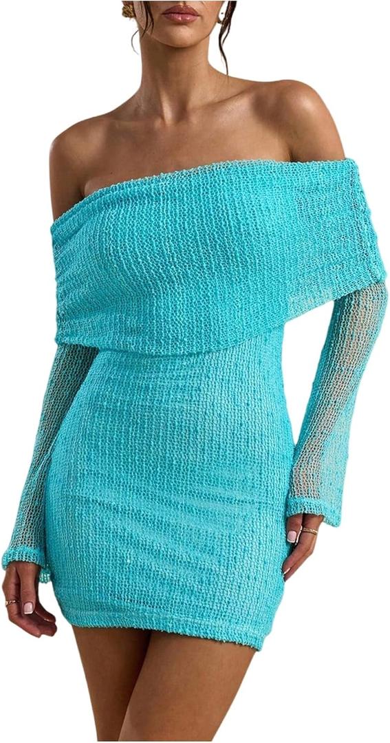 MakeMeChic Women's Off The Shoulder Bodycon Dress Mesh Long Sleeve Party Mini Dresses (Mint Green, Small)