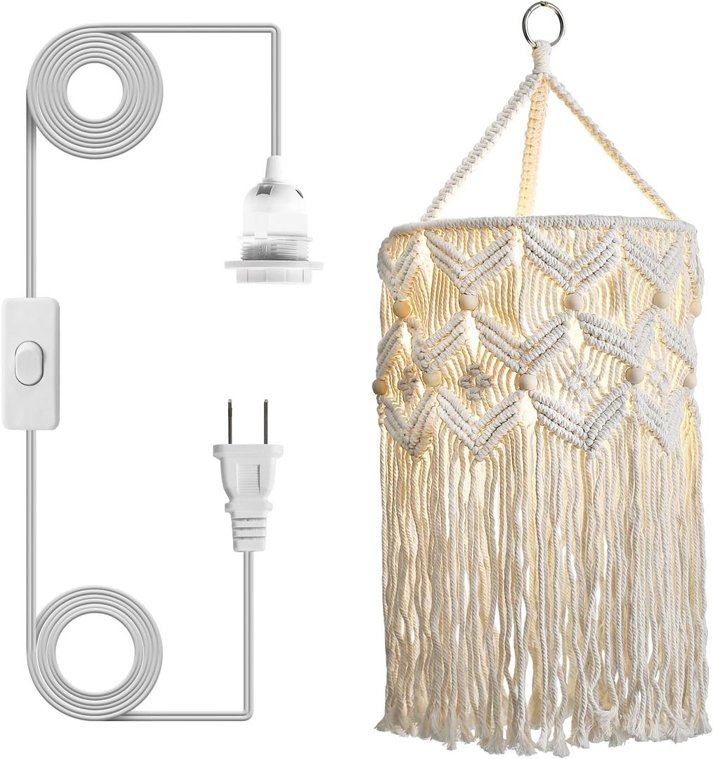 Boho Lamp Shade,Macrame Pendant Light Shade, Handmade Boho Light fixtures Hanging Lights with Plug in Cord,Boho Hanging Lamp for Living Room Bedroom(Type 2)