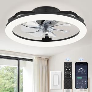 LEDIARY 20 Inch Low Profile Ceiling Fans with Lights and Remote, Dimmable Modern Fan Light (3000K-6000K), 6 Speed, Reversible, APP & Remote Control, Flush Mount Ceiling Fan for Bedroom, Black
