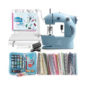 CraftBud Mini Sewing Machine for Beginners, Dual Speed Small Portable Sewing Machine for Kids and Adults with Extension Table, 122 Piece Gift Set Includes, Fabrics, Projects Book, Light and More, Blue