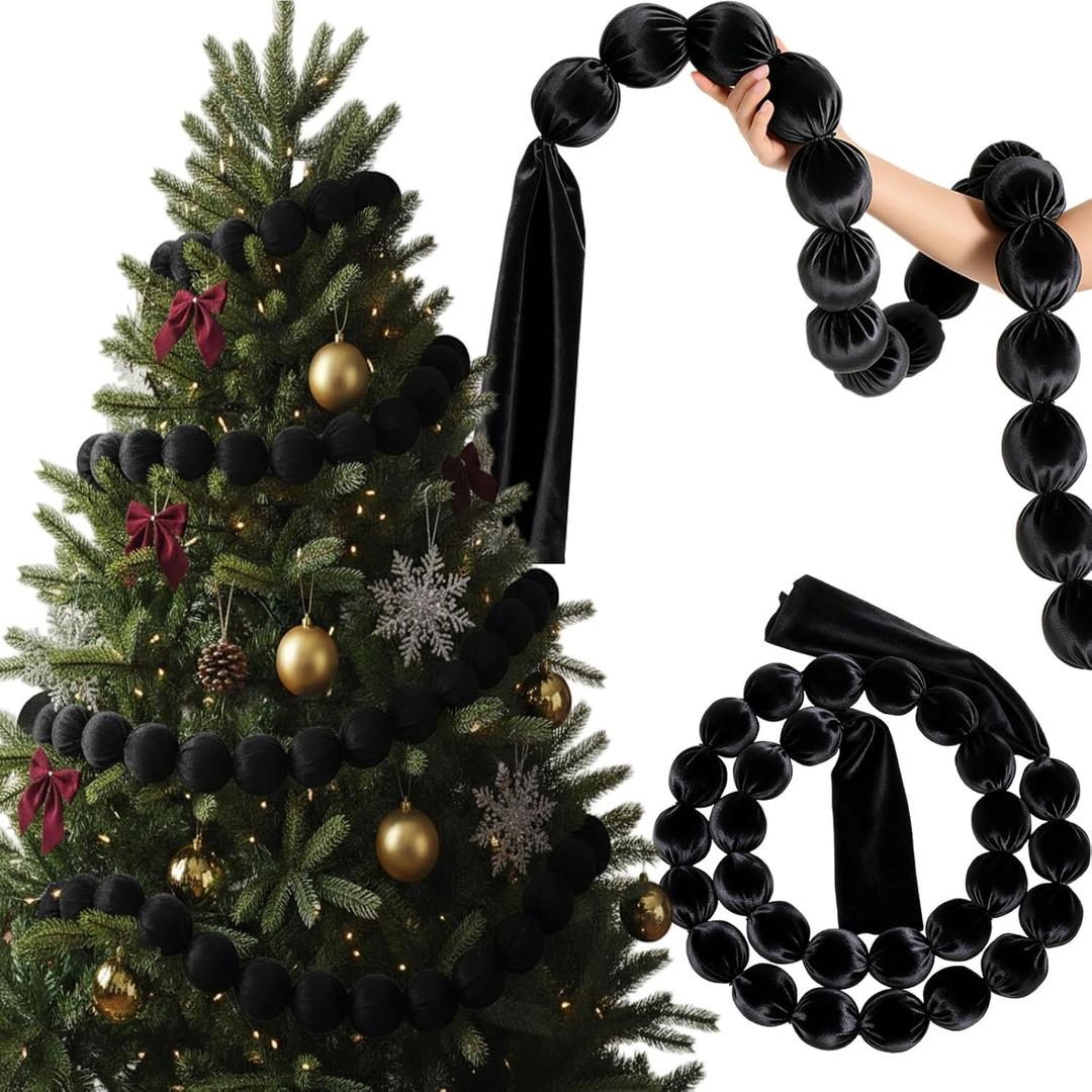 9 ft Extra Large Christmas Velvet Ball Garland Christmas Ornament 2.8 Inch Beads Xmas Hanging Ball Garland Decor for Tree Fireplace Mantel Holiday Party Indoor Outdoor(Black)