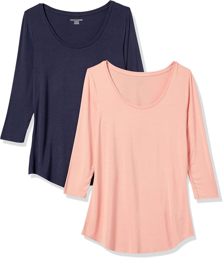 Amazon Essentials Women's 3/ 4 Sleeve Scoopneck Tunic, Pack of 2, Coral Pink/ Navy, XX-Large