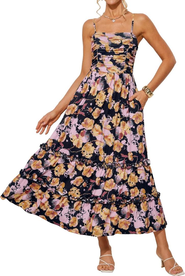 GRACE KARIN 2025 Women's Summer Floral Maxi Dress Casual Sleeveless Ruffle Tiered Wedding Guest Flowy Dresses with Pockets (Medium, Black Orange Floral)