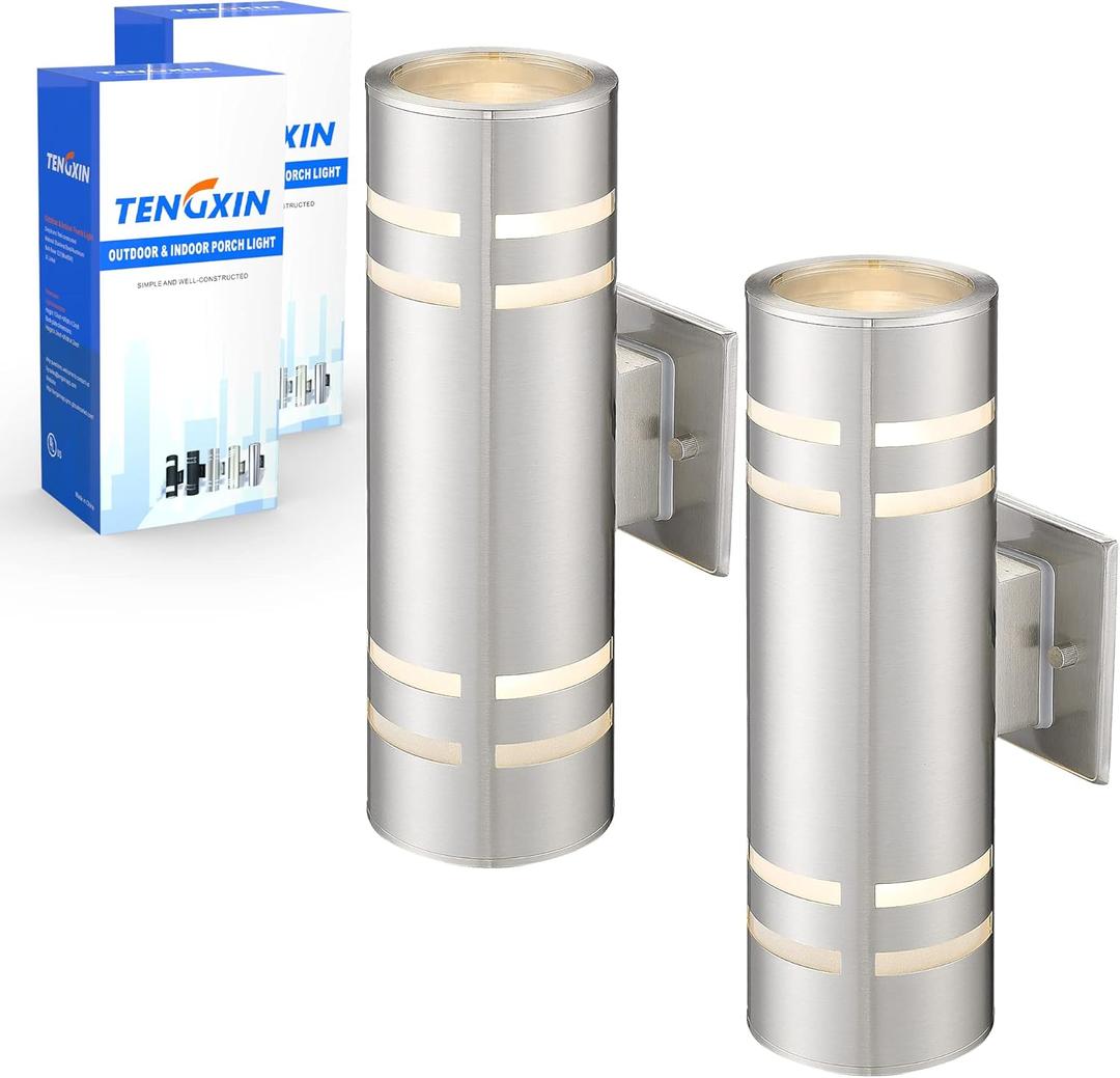 TENGXIN 2 Pack Outdoor Wall Light,Up Down Modern Exterior Wall Sconce with Stainless Steel Cylinder,Brushed Nickel Finsh Wall Mount Light