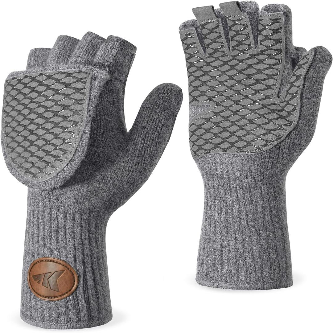 KastKing Bully Wooly Convertible Mittens  Premium Wool Fingerless Fishing Gloves with Magnetic Flip-Top, Fleece Lining, Non-Slip Grip, Extra-Long Cuff, 4-Way Stretch, Cold Weather Winter Gear (Small-Medium, Gray)