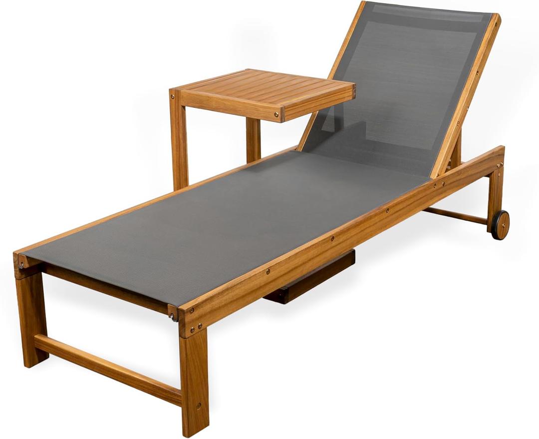 JONATHAN Y LNG1100A-2SET Trabuco Coastal Modern Acacia Wood Mesh 3-Position Outdoor Chaise Lounge Set with Side Table Transitional, Classic, Minimalist, Traditional, Contemporary, Dark Gray/Teak Brown (Non-Foldable)