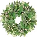Vlorart 20 Inch Artificial Spring Summer Christmas Greenery Wreaths for Front Door Green Eucalyptus Leaf Wreath Decor Boxwood with Big Berries for Farmhouse Outside