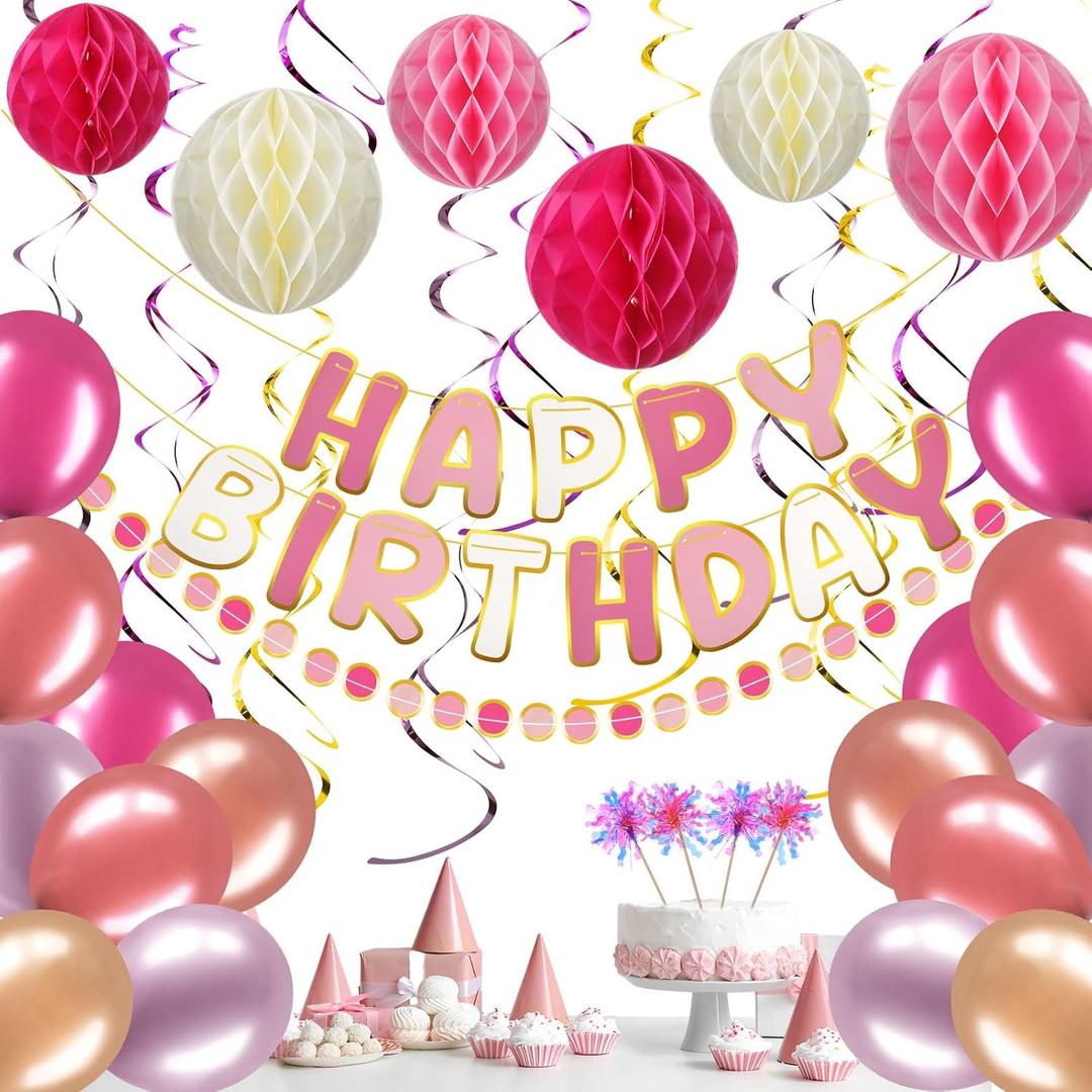 TaoBary Pink Birthday Decorations, Happy Birthday Banner, Honeycomb Balls, Garland, Metallic Balloons, Hanging Swirls, Cupcake Toppers, Happy Birthday for Women Girls Birthday Princess Party