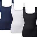 EUYZOU Women Tummy Control Shapewear Tank Tops Seamless Square Neck Compression Tops Slimming Body Shaper Camisole (Large, Black/White/Navy 3pk)