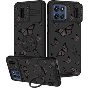 for Moto G Stylus 5G 2025 Case - Women Girls Cute Phone Cover Girly Pretty Aesthetic Black Butterfly Unique Design with Camera Cover and Ring Stand Funda for Motorola G Stylus 5G 2025