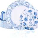 U-QE 50Pcs Blue Plastic Plates - Botanical Stripes Plates Disposable Heavy Duty, Fancy Floral Pattern Perfect for Weddings, Tea Parties, Holidays - 10.25" Dinner & 7.5" Dessert Plastic Plate