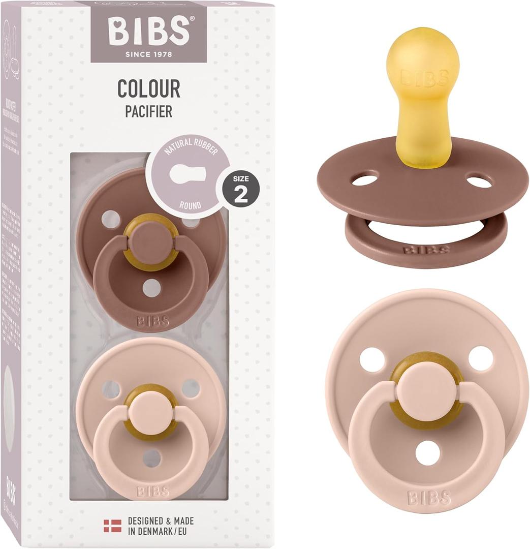 Bibs Pacifiers Color Collection, Set of 2 BPA-Free Latex Pacifiers Made in Europe, Round Nipple Baby Pacifier. (0+ Month (Pack of 2), Woodchuck / Blush)