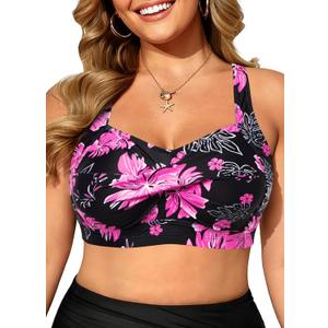 Daci Women Plus Size Push up Bikini Top Only Full Coverage Swimsuit Tops Twist Front Bathing Suit Bra  (Pink Floral, 12W)