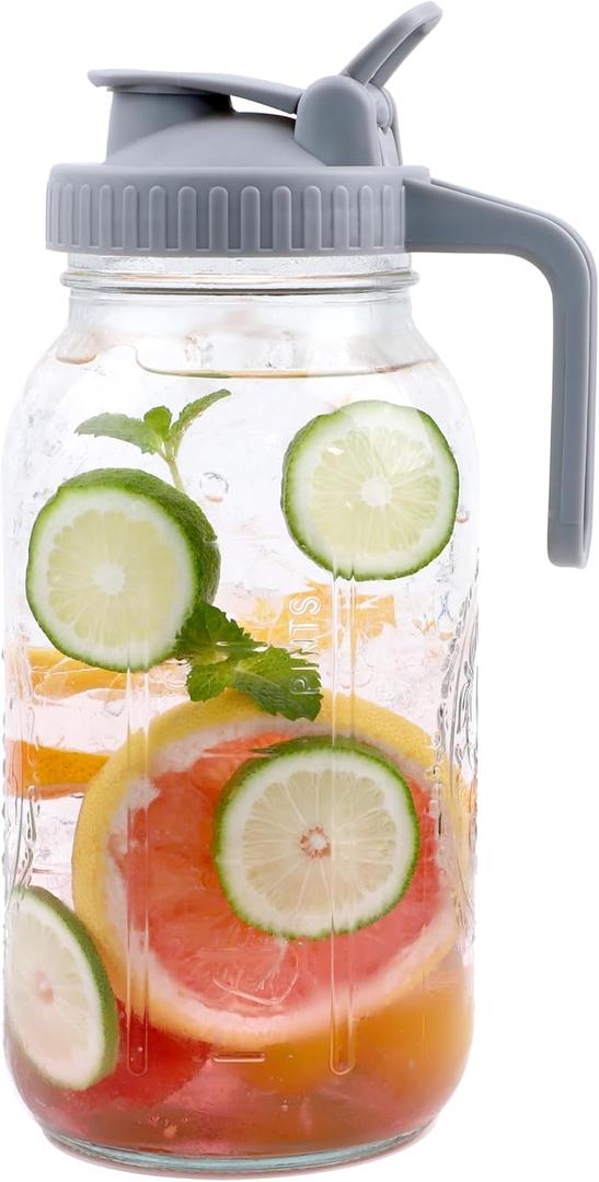 Mason Jar Pitcher Wide Mouth 64 OZ Glass Jars With Pour Spout Lids Airtight Leak-proof 2 Quart Water Pitcher With Handle For Iced Tea, Milk, Sun Tea, Lemonade, Iced Coffee