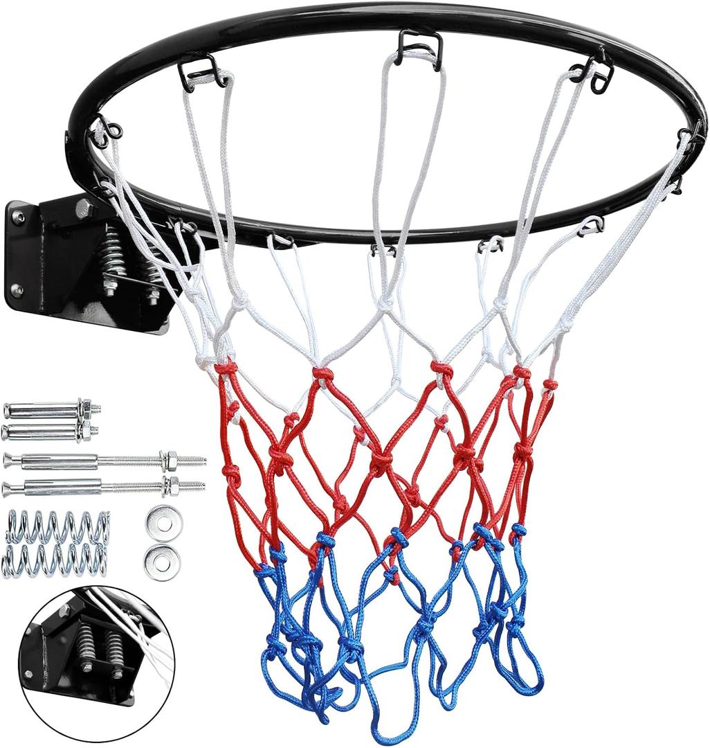 18" Basketball Rim, Basketball Hoop Replacement Wall Door Mounted Outdoor Indoor Hanging Double Spring with All Weather Net