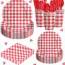 Gingham Party Supplies Set, 140 Pieces for 20 Guests, Red and White, Plates, Cups, Napkins, Cutlery (Red)