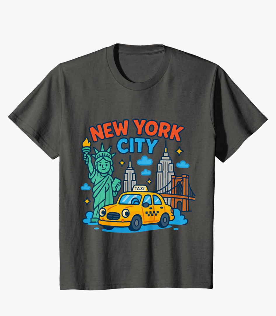 New York City Icons Cartoon Style Kids Trip Travel Souvenir T-Shirt, M