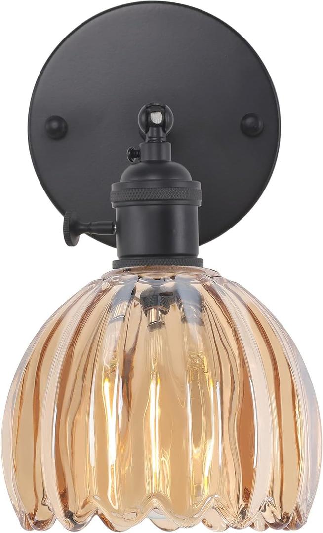 Vintage Wall Sconce with Amber Tulip Glass Lampshade 180 Degree Adjustable Black Sconce Hradwired Modern Wall Lighting Fixture with Switch for Bedside Bedroom Doorway (Hardwired (1 pack), Tulip Amber-Black Base)