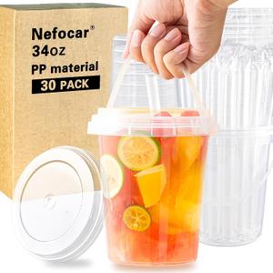 30 Pack 34oz Disposable Plastic Cups with Lids and Straws, Iced Coffee Cups with Lids, Sturdy & Food Safe for Cold & Hot Drinks, Smoothies, Fruit Drinks Cups for Summer Beverages, Bar & Beach Party