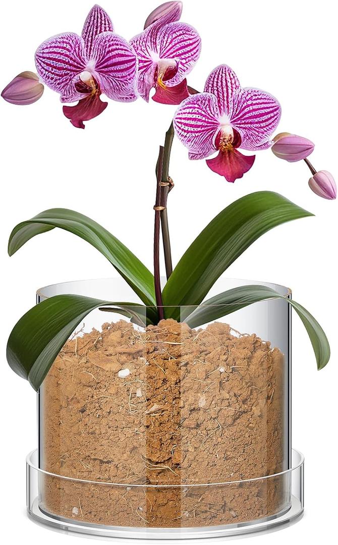 Clear Plant Nursery Pots Acrylic Orchid Pots with Drainage Holes and Tray Transparent Planter for Indoor Plants, Succulents, Herb, Flowers and Cactus Decorative(8 Inches, Circle)