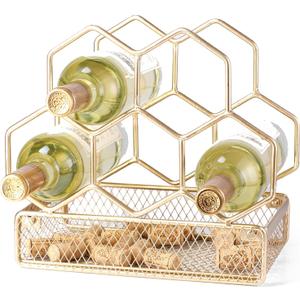 Countertop Wine Rack - 6 Bottle with Cork Storage Freestanding Modern Gold Metal Wine Rack - Tabletop Wine Holder Stand for Cabinet, Pantry, Wine Bottle Storage