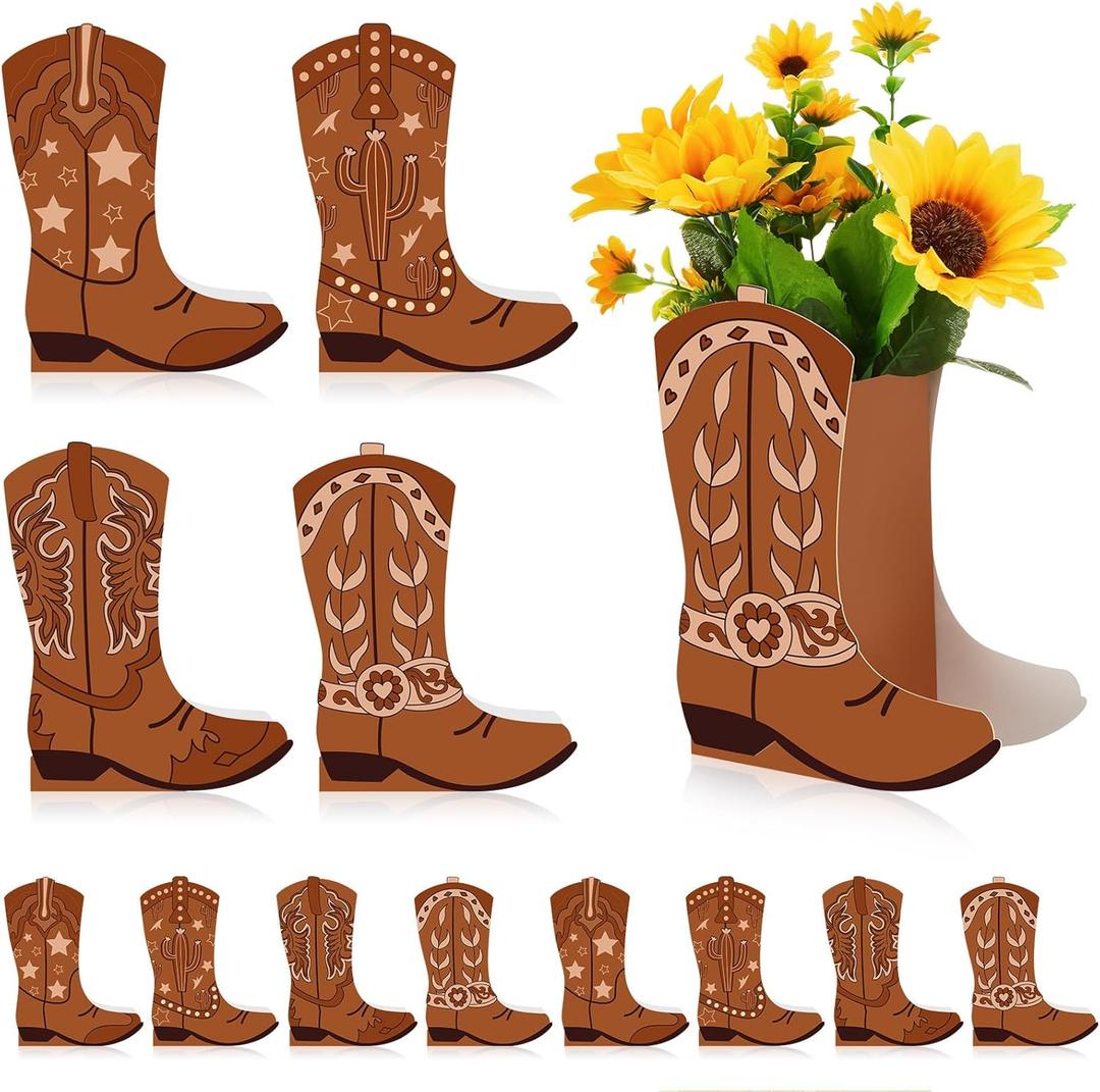 12 Set Western Cowboy Boots Flower Boxes Centerpiece Boot Shape Gift Boxes Party Decoration Vase Centerpieces for Tables for Rodeo Birthday Baby Shower Wedding Supplies (Brown)