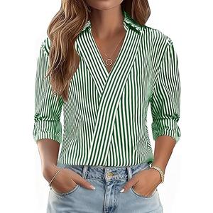 LOMON 3/4 Length Sleeve Women's Tops Dressy V Neck Collared Shirts Trendy Business Casual Work Blouses Vacation Outfits 2026, XL