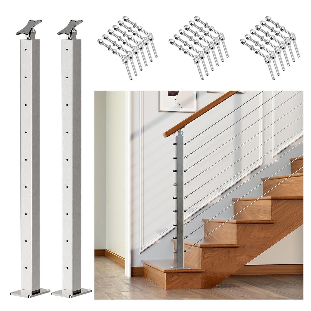 2Pack 36inch Cable Railing Post Stainless Steel Adjustable Angle End Post for 1/8" Deck Cable Railing, Silvery