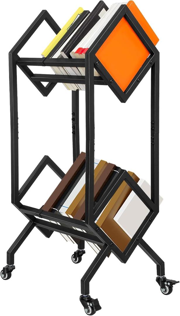 Mobile Bookshelf Book Storage Rack 2 Tier Record Holder Modern Stylish Design for Magazines Files Albums Books Storage Organizer Sofa End Bed Beside Matte Black Metal